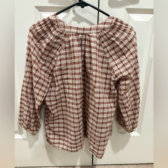 Brown and White Plaid Peasant Blouse with 3/4 Sleeves - Picture 4 of 4